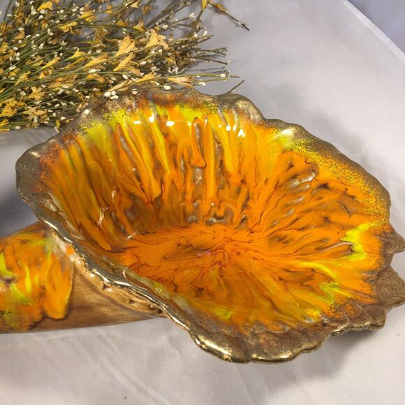 USA Art Mid Century Pottery Volcanic Orange Drip Glaze Cornucopia Fall Decor - Picture 6 of 12